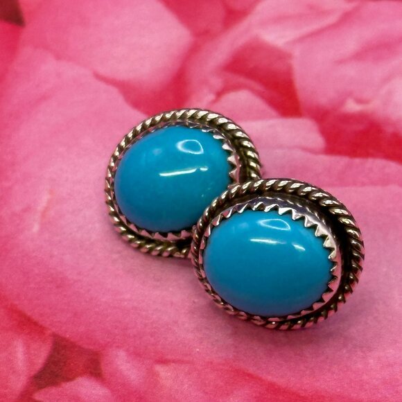 Sterling Silver & Turquoise Colored Cabochon Post Earrings - Picture 2 of 12